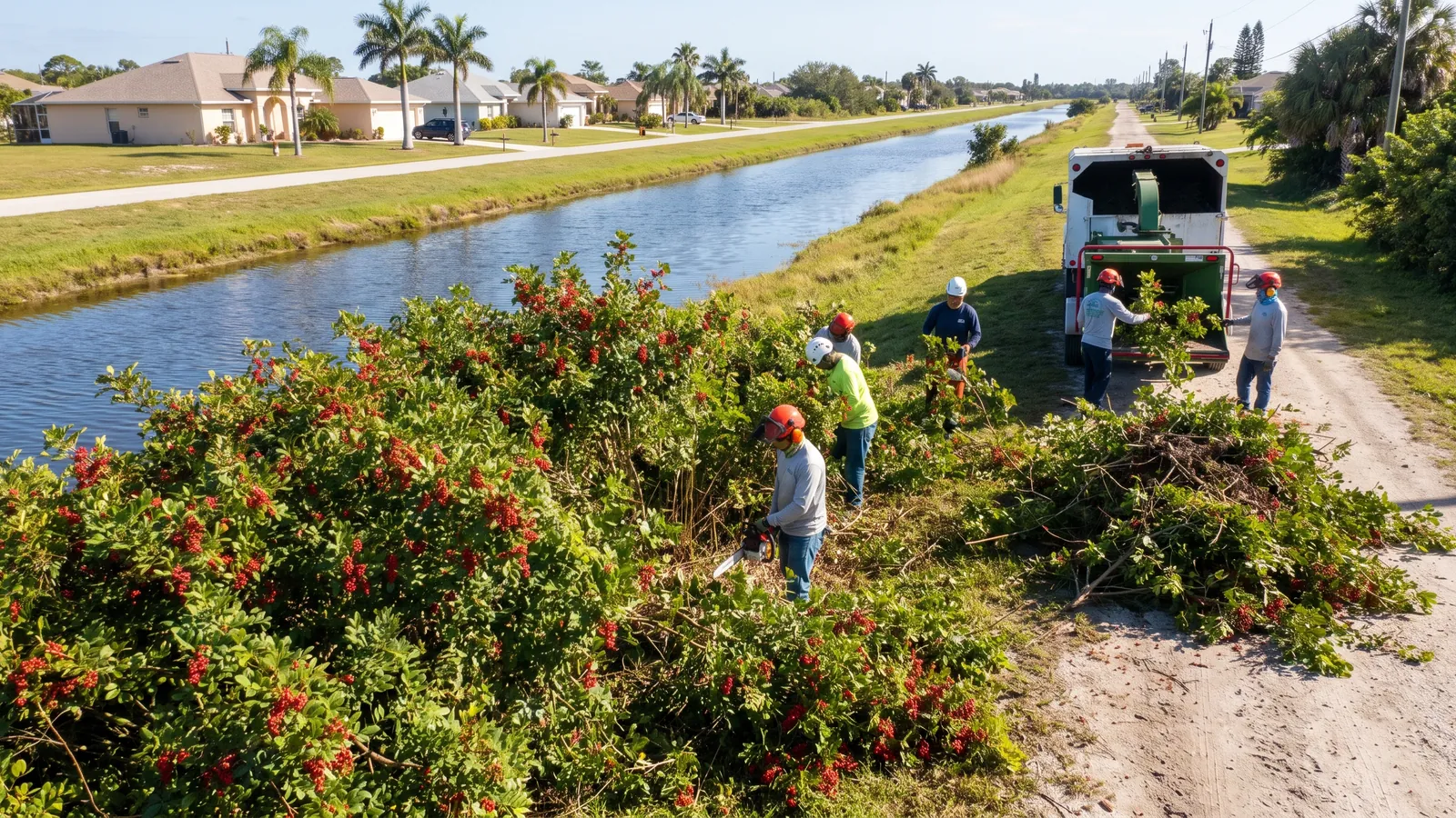 Crew cutting and hauling a dense Brazilian pepper thicket from a canal bank in Palm Bay