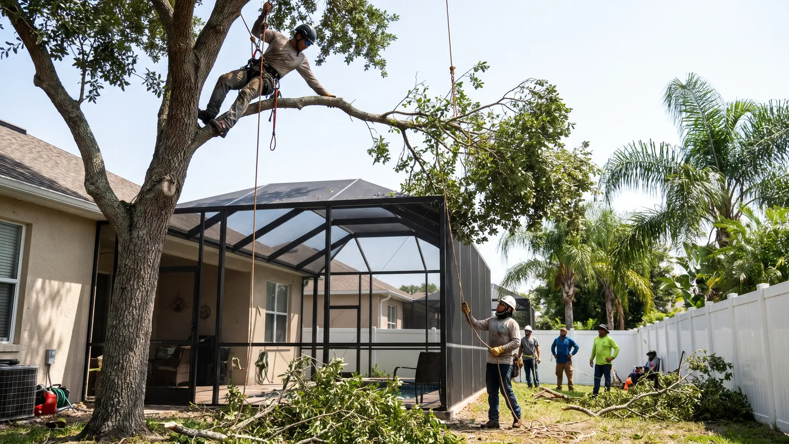 Climber roping a limb down over a screened pool enclosure during a backyard tree removal in Palm Bay