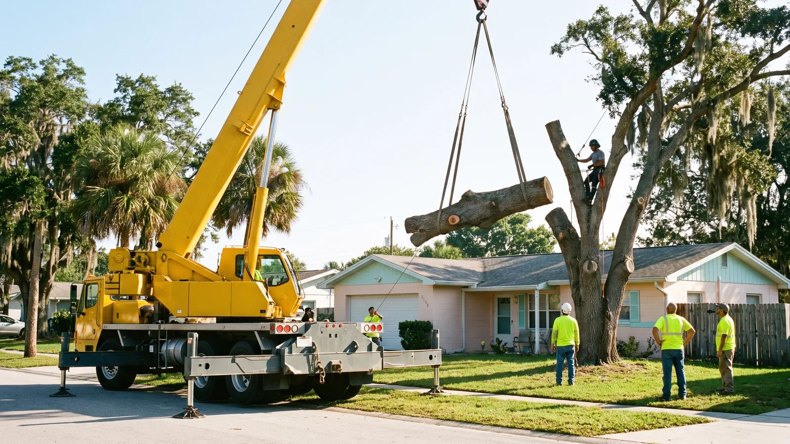 Crane lifting a sectioned oak trunk over the roof of a single-story Florida home in Melbourne