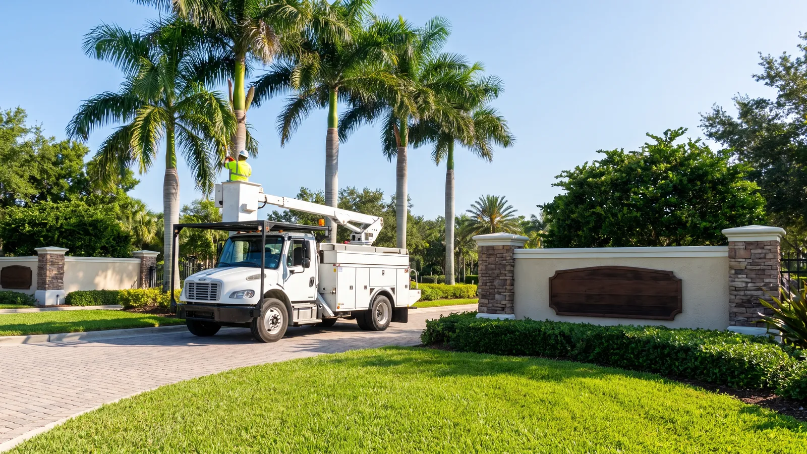Bucket truck trimming royal palms at the entrance of a gated community in Viera