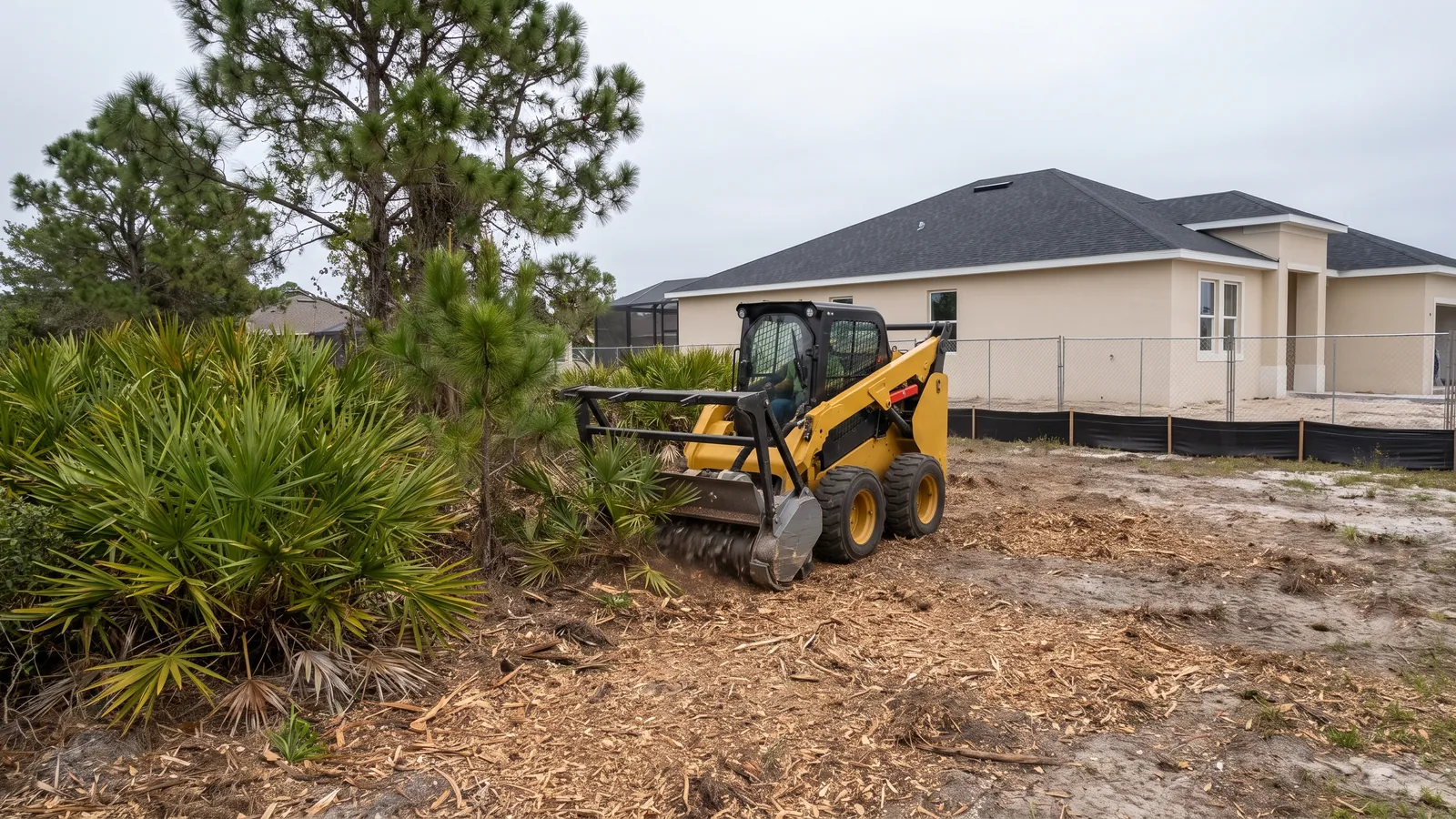 Skid steer with a forestry mulcher clearing palmettos and pines from a quarter-acre lot in southwest Palm Bay