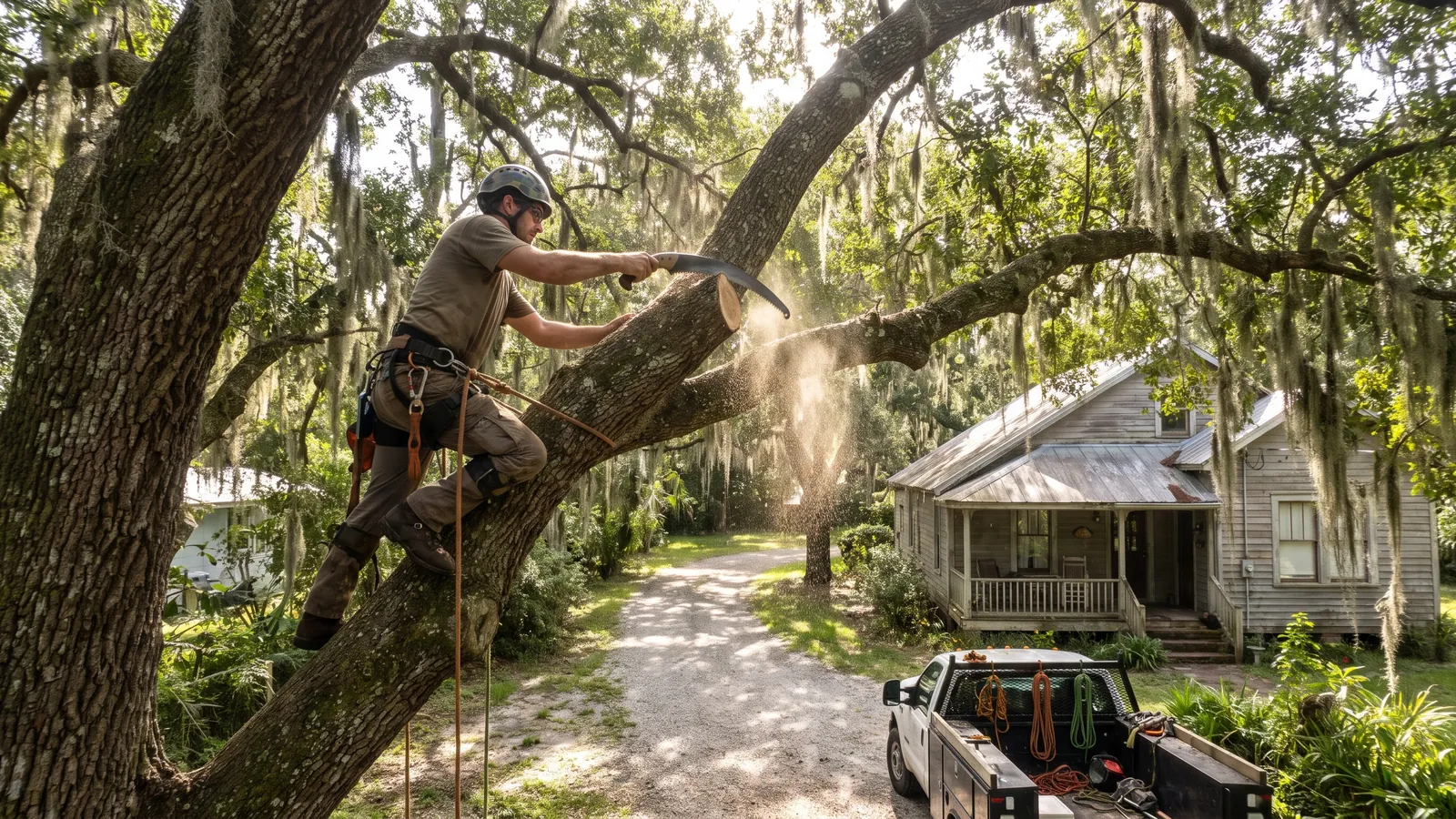Arborist in a harness thinning the canopy of a mature live oak over a Palm Bay driveway