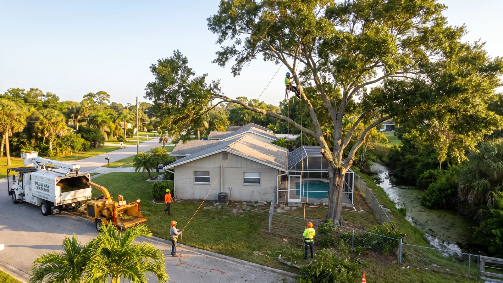 Tree crew sectioning a large laurel oak beside a canal-front block home in Palm Bay, Florida, with a bucket truck and chipper on the street
