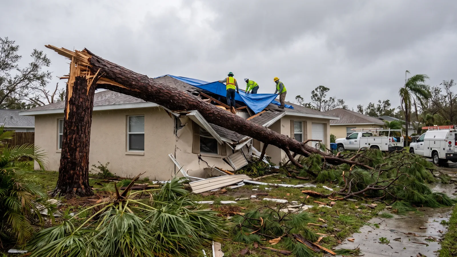 Slash pine snapped onto the roof of a Palm Bay home after a hurricane, crew tarping