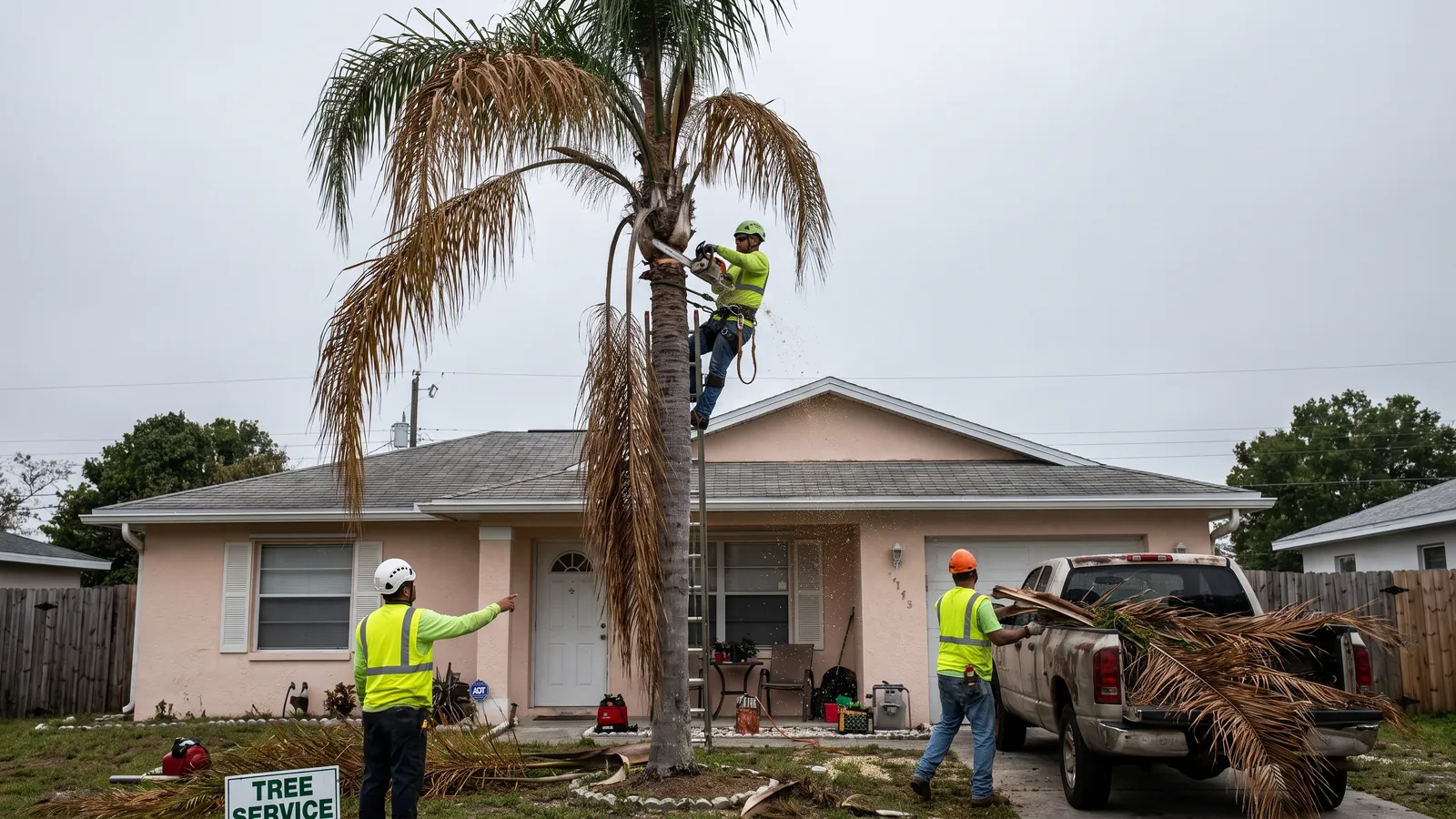 Crew removing a diseased queen palm from the front yard of a stucco home in West Melbourne