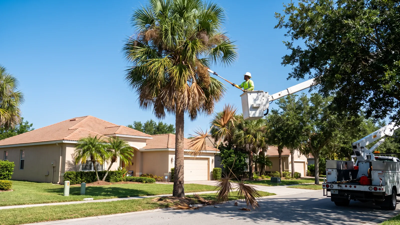 Worker trimming dead fronds and seed pods from a sabal palm from a bucket truck on a Space Coast street