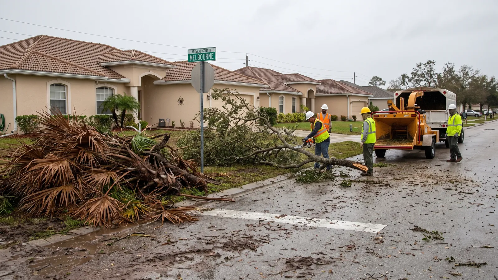 Crew clearing downed oak limbs and palm fronds from a Brevard County street after a storm
