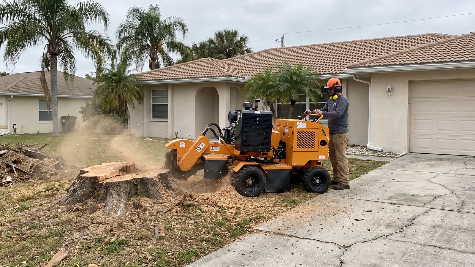 Stump grinder chewing down a large oak stump in a Palm Bay front yard beside a driveway