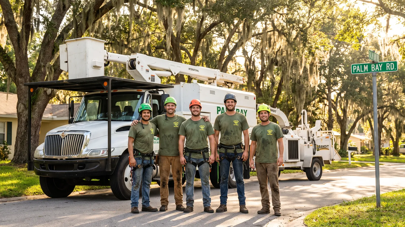 The Palm Bay Tree Co. crew in front of their bucket truck and chipper on a street lined with live oaks